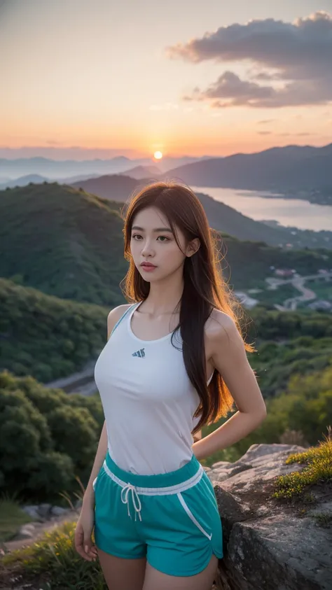 , ray tracing , Radio City , anisotropic filter , 16,000, best quality, 1 girl, unique , mature, shorts hiking clothing, Gradient long hair, Mountaineering equipment、lol、Orange sunset、Large bust、valley, ( upper body:1.5) ,sea ​​of ​​clouds