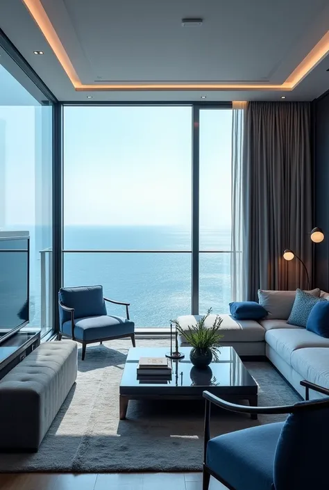 The living room of an apartment in Dubai overlooking the sea .  The decor should be refined and elegant with shades of blue.  Large windows overlook the sea with a superb view .