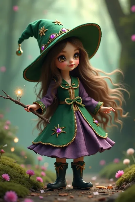  Create a fairytale of small stature wearing a green and purple wizard hat with a green and purple dress, black boots and a wand ,  long brown hair, white skin and brown eyes