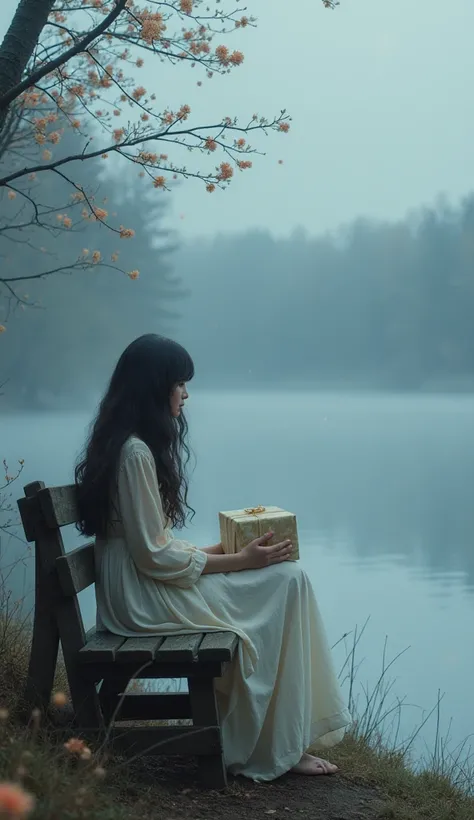 "A poignant and enchanting scene of a beautiful girl with long, wavy hair, wearing a flowing bohemian dress, sitting alone on a weathered wooden bench by a misty, tranquil lake. The surroundings feature bare, skeletal trees stretching into a cloudy, muted ...