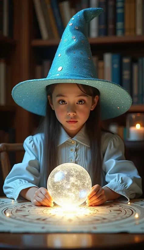 Highest quality, Realistic, Photo Realistic, Award-winning photography, Sharp focus, 
girl seated on a table,
wizard astrologer teller,
a sparkly light-blue sequin wizard hat, 
gazing into a glowing floating planetary map,
looking into the the floating tra...