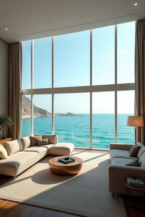  the large living room of an apartment in Dubai overlooking the sea. The decor should be clean and elegant .  Large windows overlook the sea with a superb view .