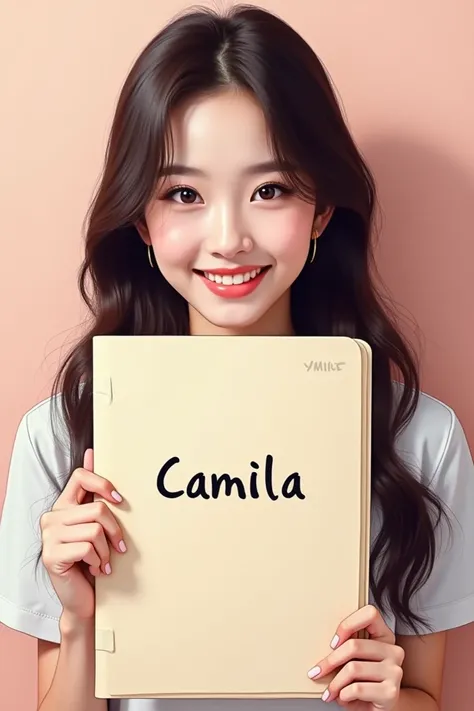 Nayeon from Twice holding a folder that says Camila