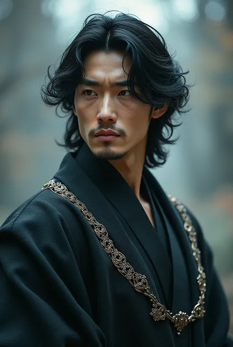 Create a young man of Korean nationality who is a gentleman with witchcraft powers, with high features wavy hair and medium length with black hair, a cold male profile dressed as a wizard and warrior. 