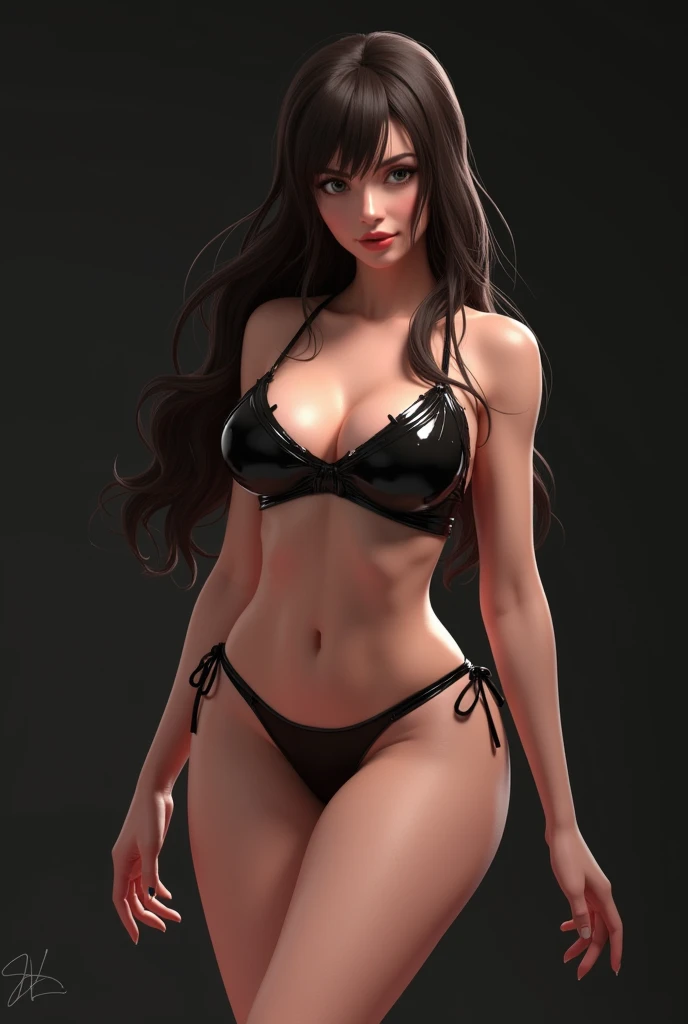 Sexy thick anime girl wearing latex bikini spreading her legs