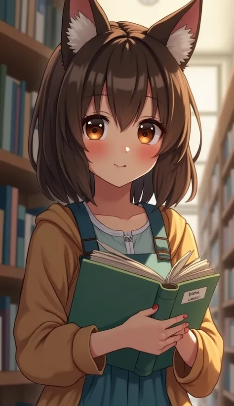  a girl of short stature with curvy brown eyes , wolf ears fallen in submission ,  straight brown hair and not at all conspicuous ;  of ordinary clothes and not at all outstanding .  is a girl who likes to be in a library reading story books,  math books a...