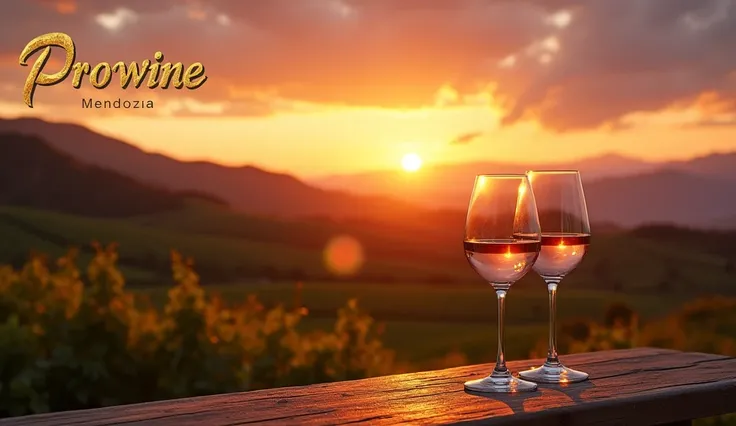 Wine glasses with sunset  , Vineyards and mountains in the background on the upper left bank that says Prowine Mendoza in golden letters real image