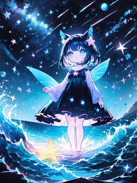  black light , 1 girl 、Chibi、cute、 black light ボディペインティング、Star Fairy、Meteor Shower、 composition from below 、Night sea、🌊、Wave、Waveがきれいに輝いている