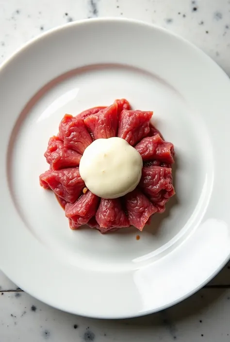  image of a white plate with only a medallion of minced and cooked roast beef , with a feta of melted mozzarella cheese on top  , from a top view with a neutral background .  