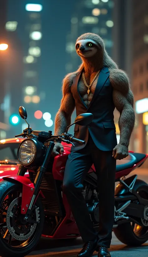 a hybrid humanoid, a mix of a sloth and a very strong man, with a muscular body and skin like that of a sloth. The humanoid is dressed in a chic suit, displaying a confident and threatening posture, next to a sports car. The scene in the background of the ...