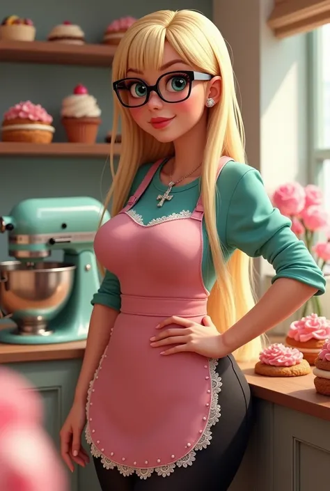 A gorgeous female baker, resembles Alice in Wonderland. she has long straight blonde hair with bangs . Is smiling happily , big light crystal blue eyes. Very large 36DDD breasts. Black rimmed rectanglular glasses. 

wears small diamond earrings. A pretty f...