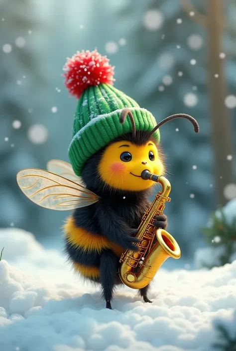 Bee with green Christmas hat
In the snow
With a saxophone
