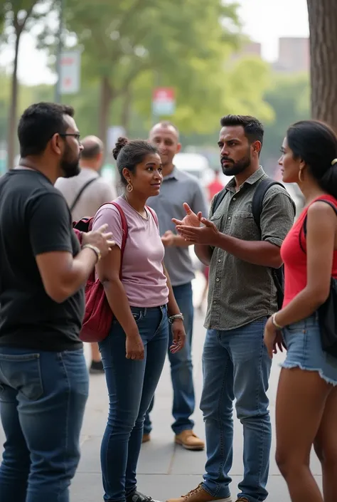 A group of Puerto Rican citizens discusses in a public space.
text:

Citizen 1: " We have U.S. citizenship ,  but we dont vote for President ".
Citizen 2: " But we have a passport and access to federal aid !"
Citizen 3 : " What about our cultural identity ...