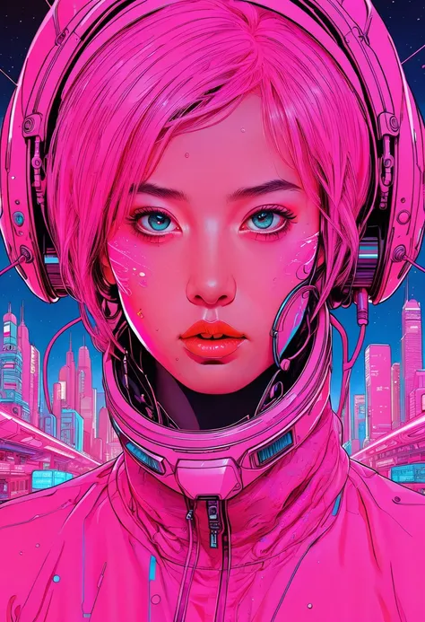 ((best quality)), ((masterpiece)), (detailed), perfect face of cyberpunk mecha japanese girl, neon pink body, neon pink hair, neon pink eyes, neon pink and neon orange color palette, surreal, art nouveau, in the illustrative style of moebius, spaceships, a...