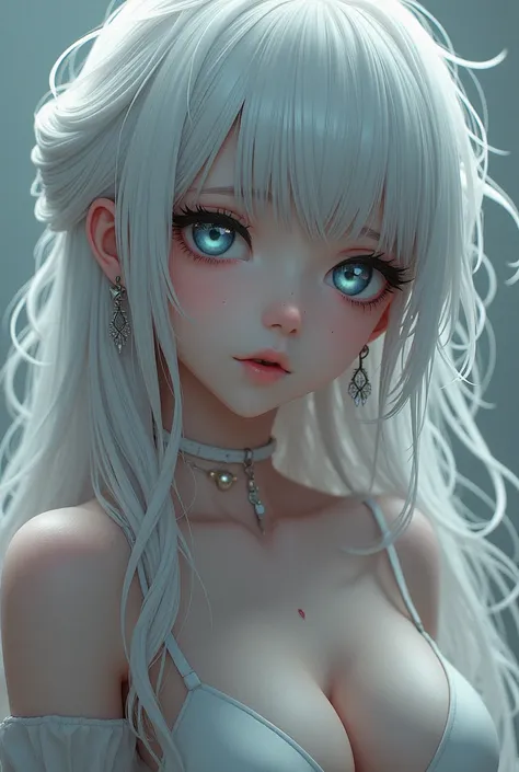 High Resolution, Anatomically Correct, High Details, High Quality, Textured Skin, UHD, Long Hair, White Hair, Ahoge, Blunt Bangs, Messy Hair, Hair Rings, Heart Ahoge, Breasts, Earrings, Smile, Fang, Symbol-Shaped Pupils, Saliva, Nose Blush, No Pupils, Moan...