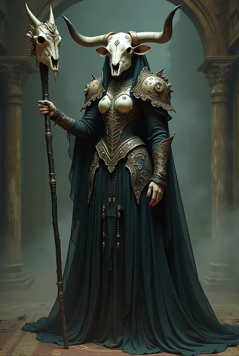 feminine fantasy armor, Bovine Necromancer Dress, Bull Skull Headdress, Necromantic Armored Dress, Bovine Spine Staff, Equipment Concept Art 