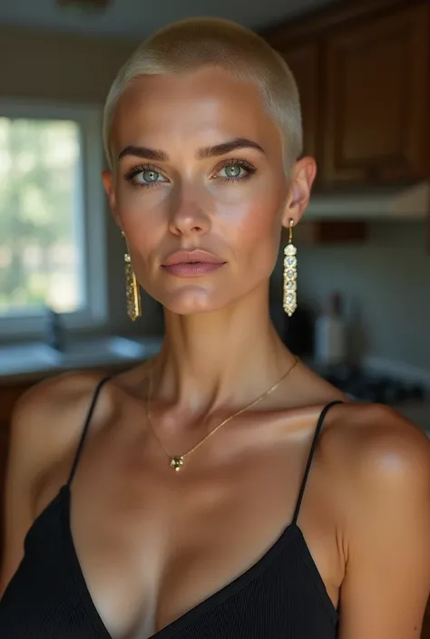  Sexy Beautifull  swedish  woman 50 Years old, micro straight blond  buzzed crewcut hair,   make-up, 1/3 view,jewelry, small breast, ,large ears rings,  in kitchen , smiling