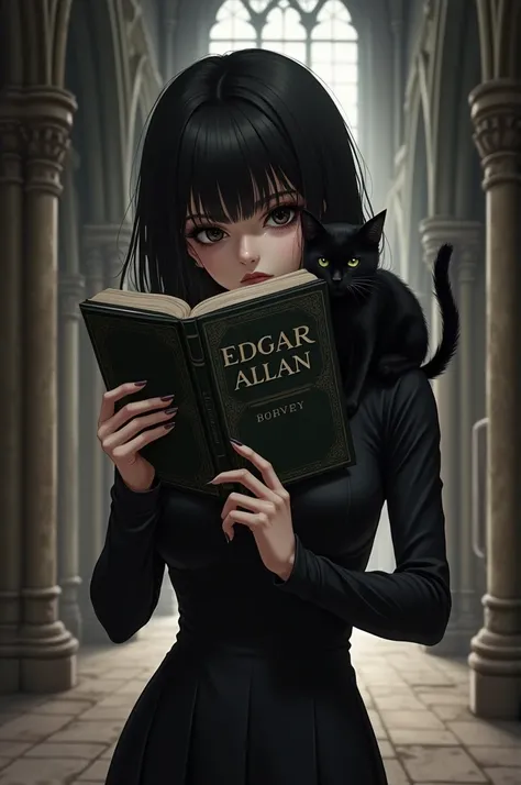 A girl in anime art wearing a tight black dress ,  holding an Edgar Allan book may very well be covering half of her face,  her hair falls under her shoulders and she has a melancholic but charming countenance.  Her eyes are black ,  and her makeup is smok...