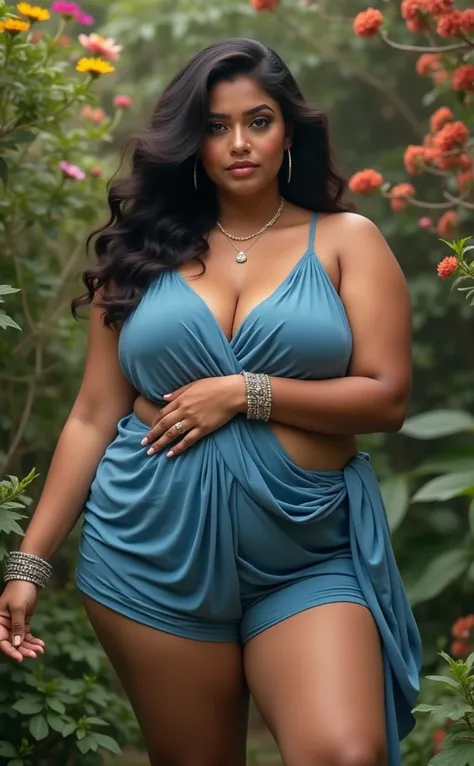 A glamorous plus-size Indian model with a chubby and confident figure, standing with arms gently crossed, wearing soft natural blue shorts with elegant draped details very opened, hips naked. She has glossy nude lipstick and a soft, mysterious expression t...