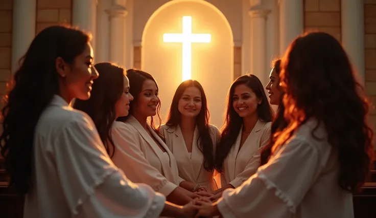 A diverse group of women, including Black, Asian, White, Latina, and other ethnicities, stand together at the altar, their hands joined in a circle of unity and faith. Their expressions radiate strength and righteousness. Above them, a softly glowing cross...