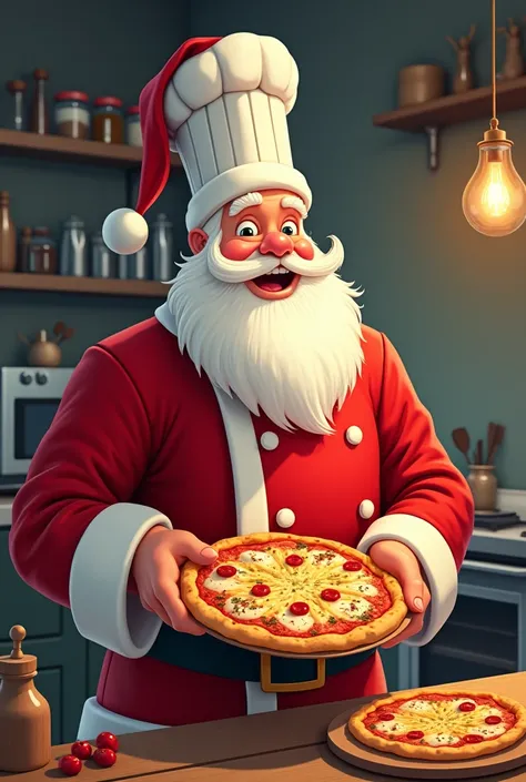 Illustration of a Santa Claus wearing a cooks hat holding a pizza