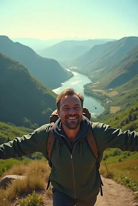 L’homme à la corpulence normale atteint enfin le sommet d’une colline escarpée, ses pas ralentissant à mesure qu’il approche du bord. Essoufflé mais satisfait, il s’arrête pour contempler la vue qui s’étend devant lui. Son visage est marqué par l’effort : ...