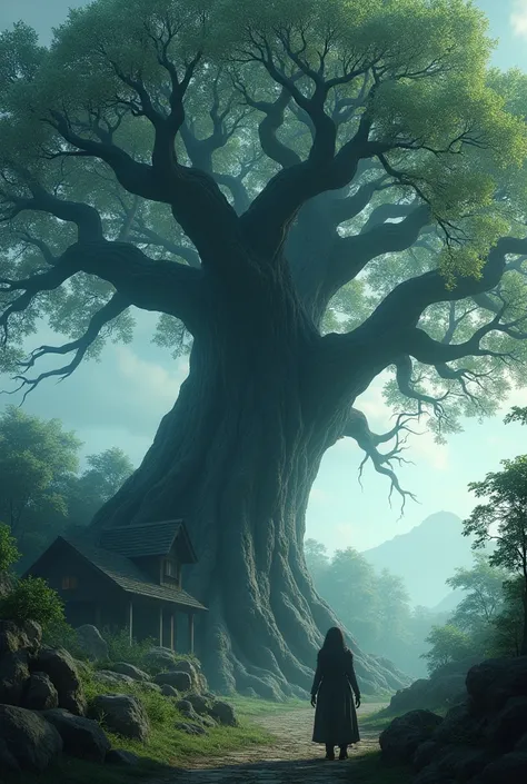 /imagine,An enormous Elder Tree with gnarled branches and thick, rough bark. Its leaves rustle ominously in a gentle breeze, and faint whispers seem to emanate from its trunk. The tree is located in a village.The trees roots twist into the ground like dark...