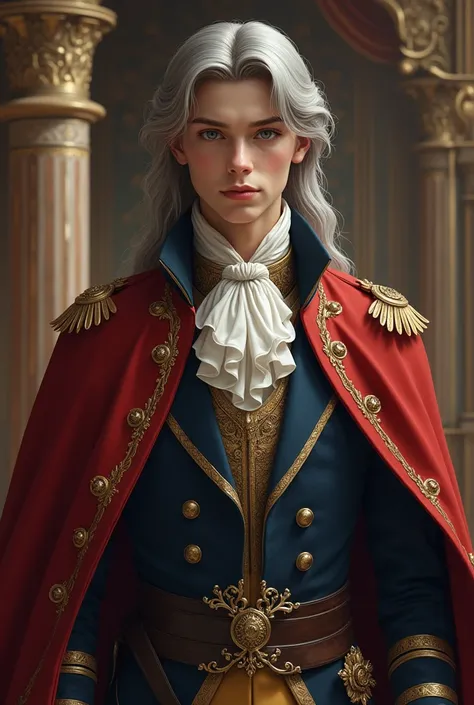 (masterpiece),( very detailed ) ,( Very detailed), ( beautiful face ), ( perfect face ),  gray hair , Long hair, Walleye,  innocent face , Board shoulder,  wearing a European-style prince suit,  romance fantasy , 20s, male, Alone, Imperial Palace backgroun...