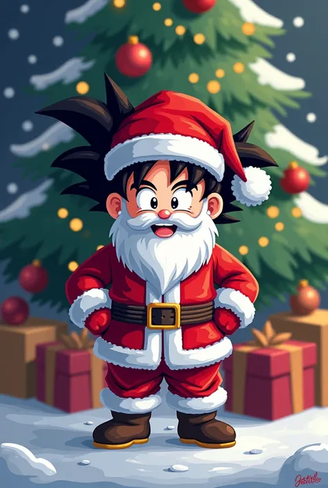 Create a son Goku with the Santa Claus costume and who looks like Mario Bros but small and who is pixels without a beard and with a Christmas tree in the back , Son Goku from Dragon Ball  