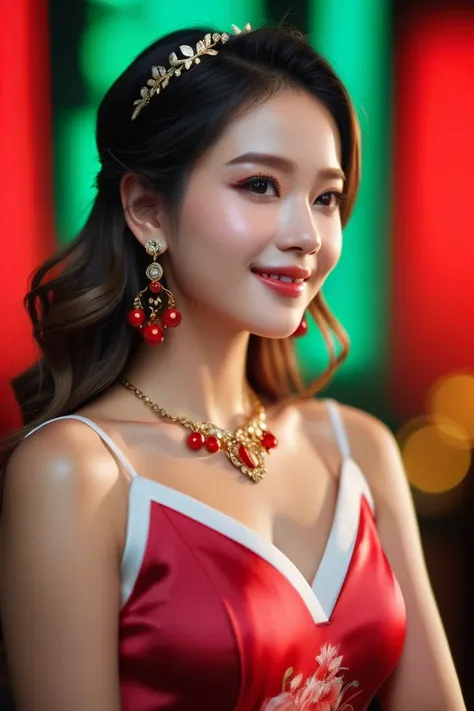 best quality, masterpiece, High resolution, 1 Girl, transparent silk china skirt, Pretty Face, Hair accessories, looking at the audience, Smile, Shut up,Lips, skirt,Hair accessories, necklace, Jewelry, long hair, earrings, Pretty Face,Above_Body, Tyndall e...