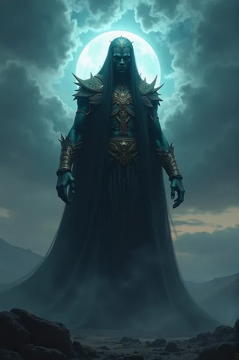 " An imposing and mysterious figure , tall and powerful ,  with a human appearance but supernatural features,  wearing ancient costumes ,  in a dark and epic landscape , at dusk,  with clouds charged in the background ."

