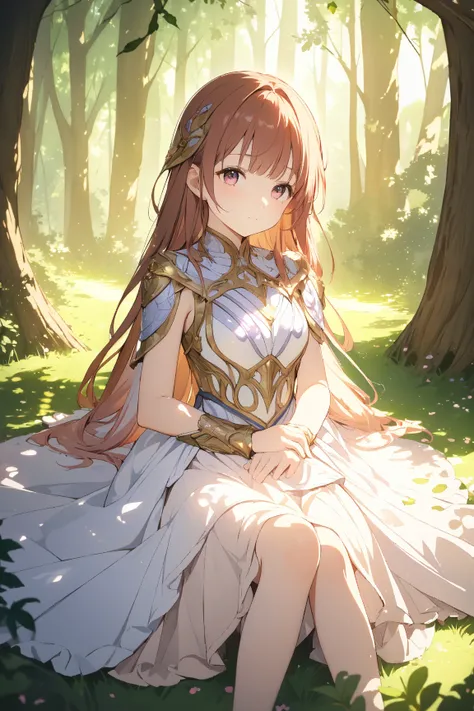 1 girl, (cute face), 18 years old, (serene expression), medium breasts, slim, (wearing a detailed fantasy adventurer outfit with intricate armor and flowing fabric), knee length, (sitting on a grassy knoll), (long hair gently splayed around her), BREAK  
E...