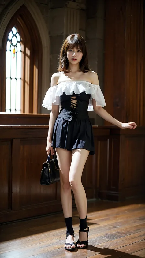 (8k、   RAW photos  、   top quality、    Masterpiece   :1.2)、( realistic 、 realistic )、1 person、((black、 garter belt、smile、 see-through、 off-shoulder、 dress、 long skirt 、Frills、ribbon、 corset、church、Thin legs、whole body、 standing facing you )、cute