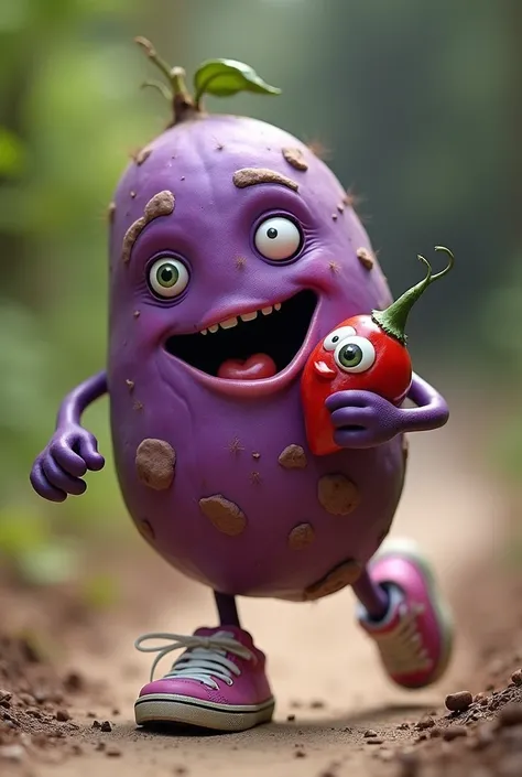 I would like the image of a purple zombie potato ,  that looks like a tuber taken out of the ground and that has a bitten part,  who has sneakers and is running or jogging , Make it look cool,  and have a happy and flirty face , That he is eating a locoto ...