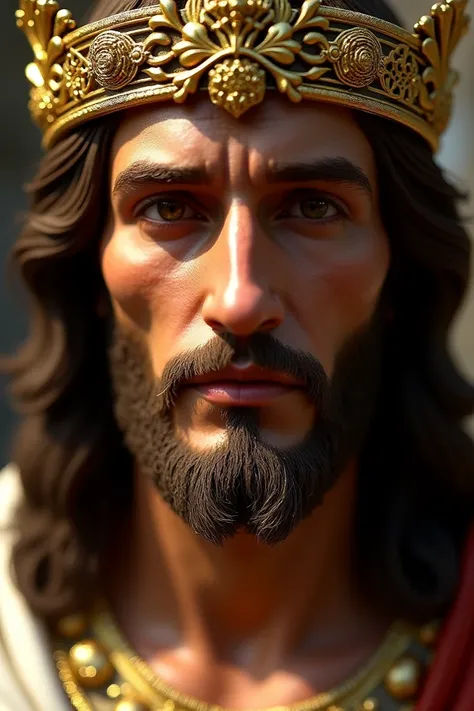 Close up shot on Jesus face and Jesus wear gold ornaments and crown and looking straight 