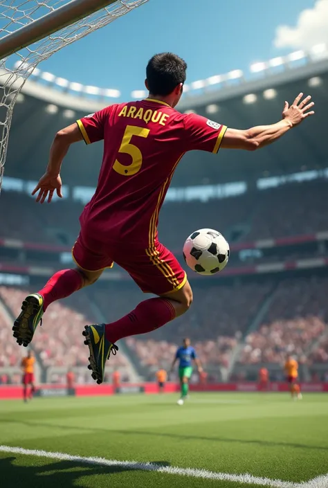  Make me a soccer player scoring a goal in the air at the top of the goal post doing somersault or a maneuver to score a goal, with the Vinotinto shirt with gold edges and the number 5 and the name : Araque  