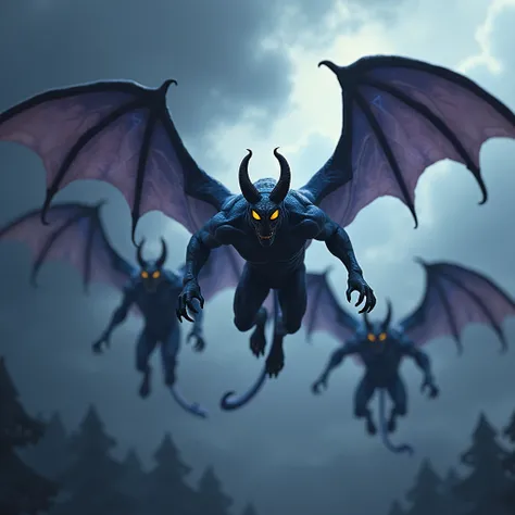  A trio of flying creatures similar to winged demons .  They have dark blue skin with a slight sheen ,  definite musculature and stylized humanoid proportions .  Her eyes are completely yellow , shiny and without pupils ,  giving them an intimidating and s...