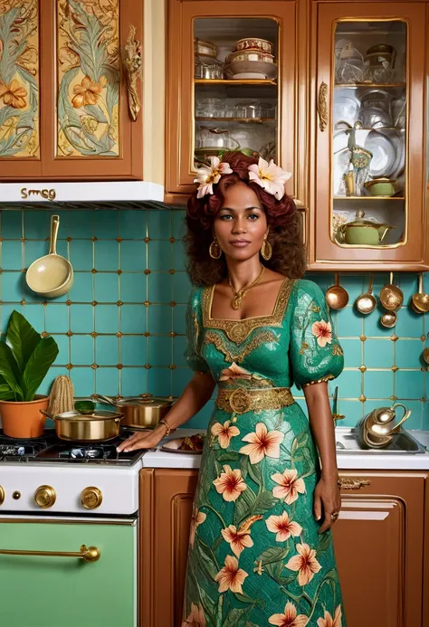 A Melanesian woman who is cooking in a gorgeous kitchen. Shes wearing a beautiful earthy ethnic dress. The kitchen has French "Côte dAzur" "1970s" pastel colors vibes, subtil shining solid gold on the mosaic tiles of the backsplash, and a shabby chic "gree...