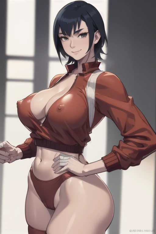 ,(nsfw2.5,Tall woman,A beautiful, muscular body,Big Breasts,Big swollen butt,Half naked, erect nipples,Cel animation:1.5, posing sexy:1.1) ,  top quality, ayuhara natsu,  shorthair,  red jacket,  belly short shorts, bandage, Knee pads,  Big Breasts ,  cowb...