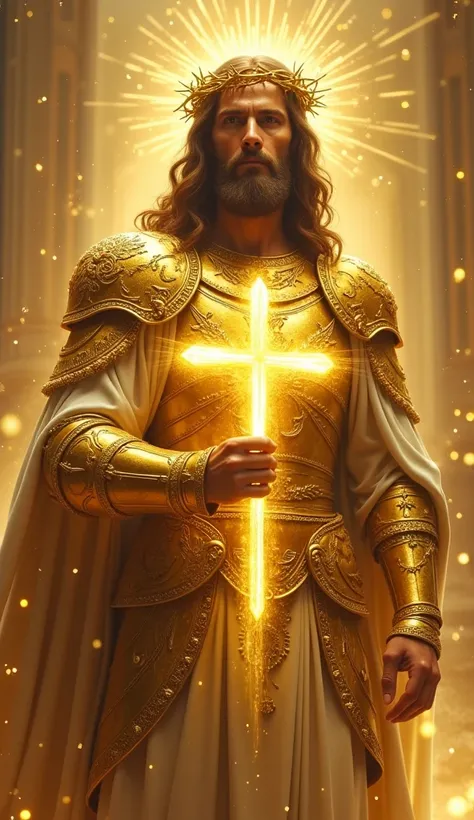 Jesus Christ in golden armor, with a crown of thorns also made of gold, he holds a cross made of energy