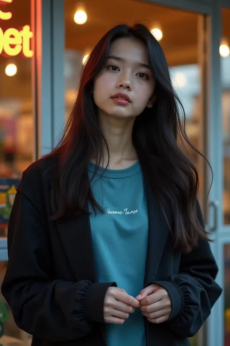  Beautiful Indonesian girl twenty years old wearing black jacket T-shirt gradient blue color long jeans long straight hair unraveled in the wind from in front of her hands holding name inscription Wife of person,front background of home goods store realist...