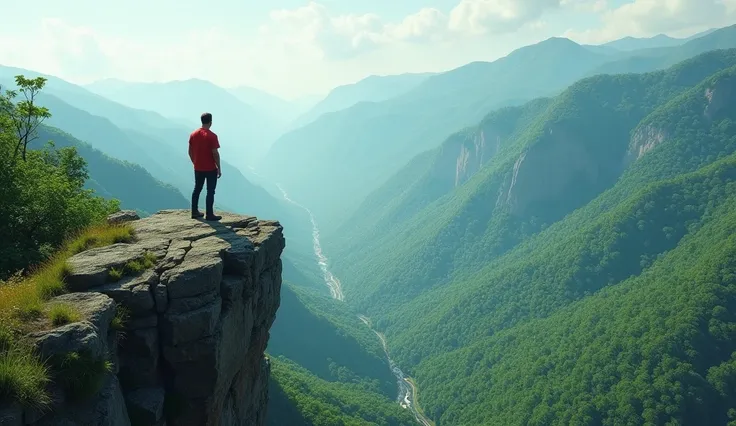 (( best quality )), (( masterpiece )), (detail), A man stands on top of a mountain and looks out at a beautiful valley with a forest.  A man in a red shirt is on a rocky cliff , he is on the left side , surreal photo, 8k, ultra-high resolution.