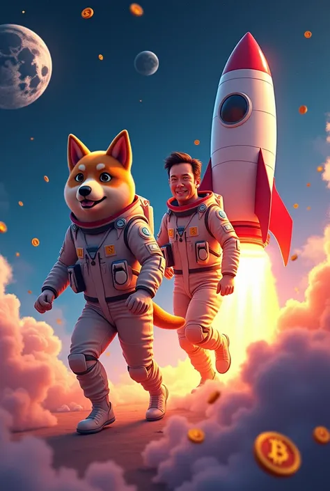 Create an NFT with the image of a doge dog with cryptocurrency walking with Elon Musk on the cryptocurrency rocket to the Moon 