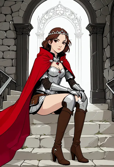 Title "2B Queen-Prepare to ascend the throne" in a gothic and medieval style font, to an idyllic image in the Manga illustration style, of a beautiful young British girl with long brown hair, brown eyes. She is dressed as a Valkyrie with short chainmail ar...