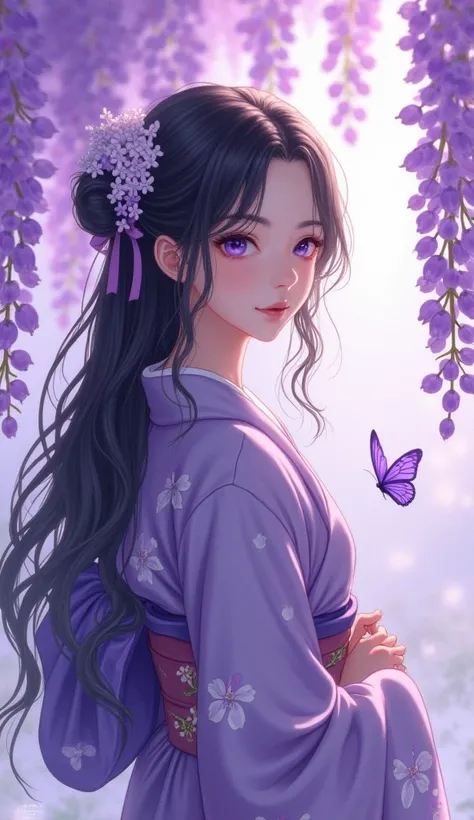 "A graceful young woman with delicate features stands amidst cascading purple wisteria flowers. Her long, dark hair is styled elegantly with intricate floral ornaments, blending seamlessly with her surroundings. She wears a traditional kimono adorned with ...