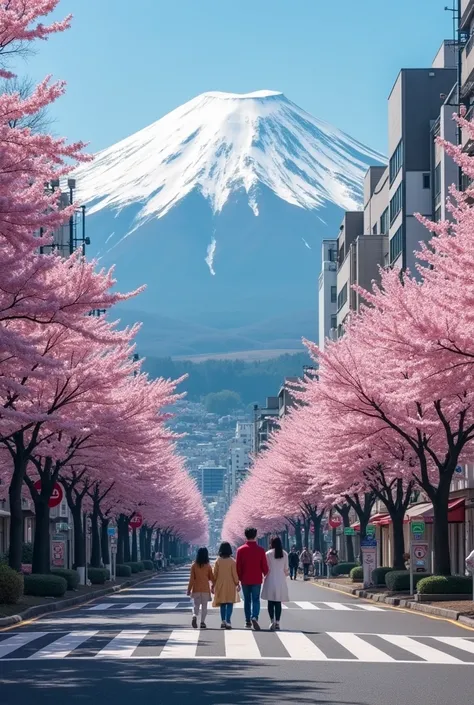 high quality, ultra realistic, compilation of sceneries in japan including all four seasons, mountain fuji, a garden of sakura blossoms in city life at shibuya crossroads in foreground, mountain fuji in background, with a family group picture, crisp lines,...