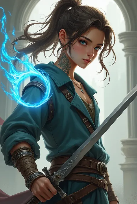 A young man with an extroverted personality with fine features, slightly torn and blue eyes, white skin, long brown hair in a ponytail with tattoos on his neck that symbolize magic with sword warrior clothes and magic on the other hand. 