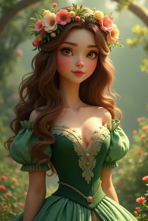  Create a full-bodied princess ,  with long brown wavy hair, white pele,  green and puffy dress , and a wreath of flowers , and brown eyes 