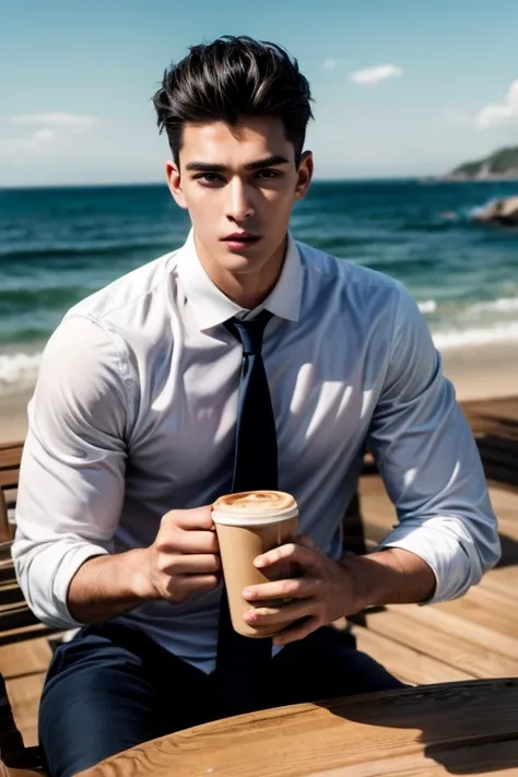 (masterpiece, best quality:1.4), (8k, raw photo, photo realistic:1.2), shiny skin, detailed skin, detailed face, detailed eyes, 1man, Perfect Man , beautiful face  
"A high-quality and ultra-detailed illustration of a tall man seated at an outdoor table in...