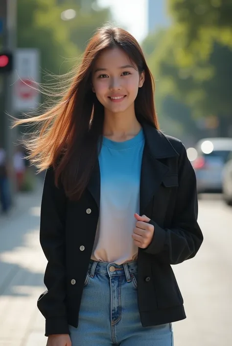  Beautiful Indonesian girl twenty years old wearing black jacket T-shirt gradient blue color long jeans long straight hair unraveled in the wind from in front of her hands holding name inscription Wife of person,sweet smiling background sidewalk street rea...